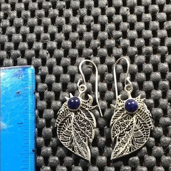 Blue Sodalite Stone & Sterling Silver Feather Earrings, NEW - Picture 3 of 5